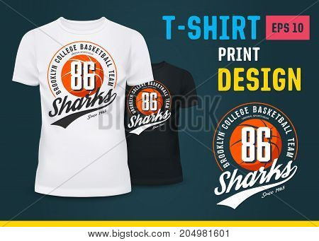 Sport t-shirt with basketball ball as print for new york college or urban team. Man or male U-neck shirts for sport fashion. Sportswear and clothing branding, fashion advertising theme