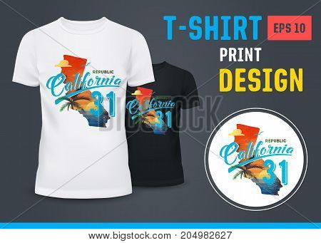 Beach with palm at sunset as a print on sport t-shirt. Holiday shirt for surfers at California USA. Summer cloth for seashore or ocean coast. Advertising and branding, u-neck clothing theme