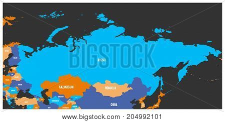 Political map of Russia and surrounding European and Asian countries. Four color map with white labels on dark grey background. Vector illustration