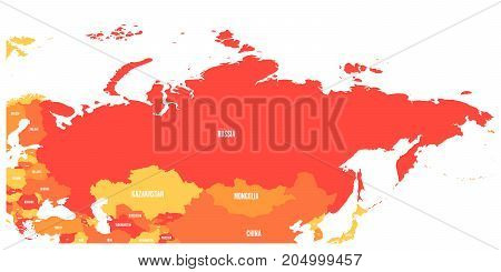 Political map of Russia and surrounding European and Asian countries. Four shades of orange map with white labels on white background. Vector illustration.