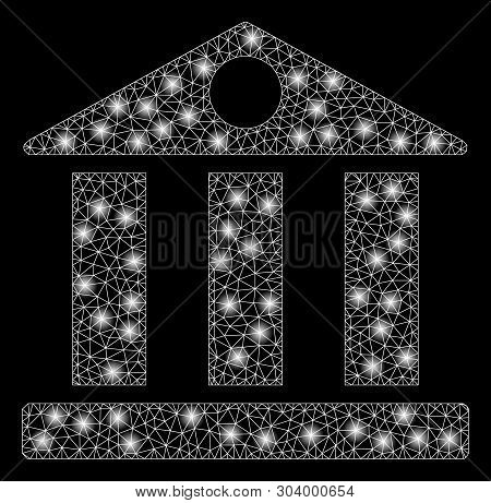 Bright Mesh Bank Building With Glow Effect. Abstract Illuminated Model Of Bank Building Icon. Shiny 