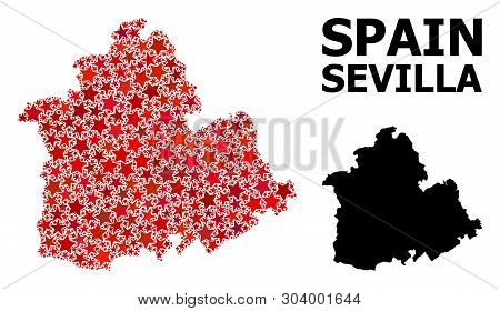 Red Star Pattern And Solid Map Of Sevilla Province. Vector Geographic Map Of Sevilla Province In Red