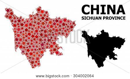 Red Star Pattern And Solid Map Of Sichuan Province. Vector Geographic Map Of Sichuan Province In Red