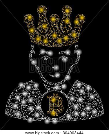 Bright Mesh Bitcoin King With Glare Effect. Abstract Illuminated Model Of Bitcoin King Icon. Shiny W