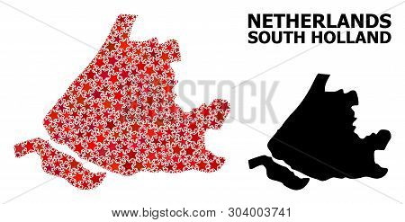 Red Star Pattern And Solid Map Of South Holland. Vector Geographic Map Of South Holland In Red Color