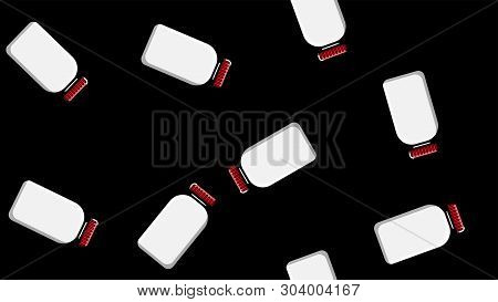 Seamless Pattern Texture Of White Plastic Medical Pharmacetic Jars With Lids Of Drugs, Drugs On A Bl