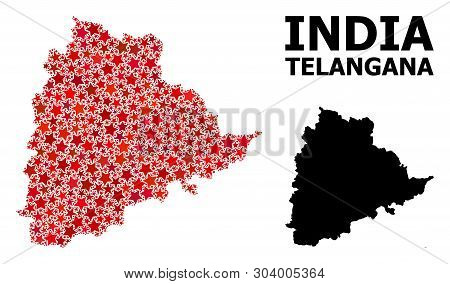 Red Star Mosaic And Solid Map Of Telangana State. Vector Geographic Map Of Telangana State In Red Co
