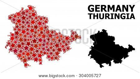 Red Star Pattern And Solid Map Of Thuringia State. Vector Geographic Map Of Thuringia State In Red C