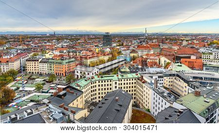 Aerial Cityscape Of Munich Historical Center With Viktualienmarkt On Square. Germany