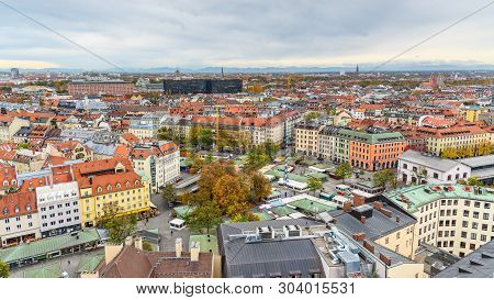 Aerial Cityscape Of Munich Historical Center With Viktualienmarkt On Square. Germany