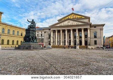 Munich, Germany - October 31, 2018: National Theatre And Monument Max-joseph Denkmal On Max-joseph-p