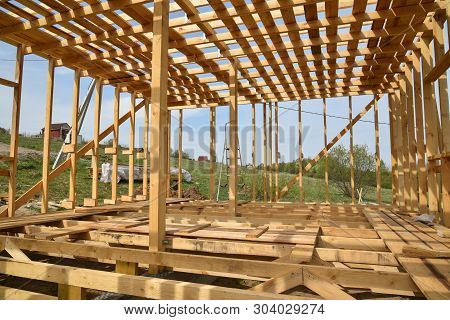 Construction Home Framing Against Blue Sky.wood Frame Residential Building Under Construction.buildi