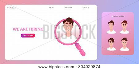 We Are Hiring Concept, Cartoon Character Looking For Job Vacancies Within A Magnifying Glass.busines