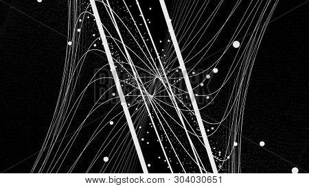 Straight And Curved White Lines Moving And Rotating On Black Background With Rows Of White Dots, Sea