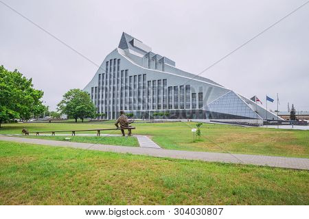 City Riga, Latvian Republic. View Of The Latvian National Library And Monument. May 27. 2019 Travel