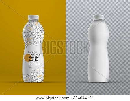 Vector Realistic Mockup Plastic Curved Bottle For Juice, Yogurt, Kefir Or Milk.