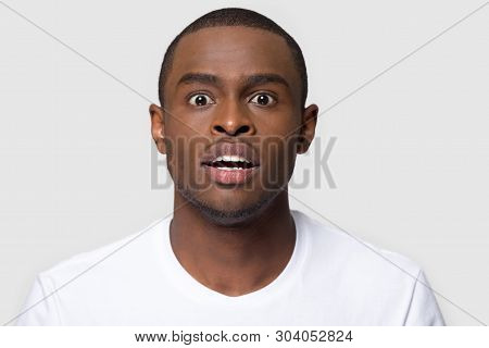 Portrait African Man Makes Big Eyes Feels Amazed Studio Shot