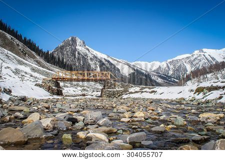 A New Timber Bridge Constructed On A Small Stream In The Mountainous Region Of Sonmarg In Kashmir Hi