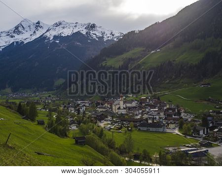Idyllic Spring Mountain Rural Landscape. View Over Stubaital Or Stubai Valley Near Innsbruck, Austri
