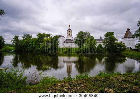 Borovsk, Russia - May, 25, 2019: landscape with the image of the Paphnutius monastery in Borovsk, Russia