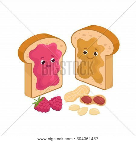 Cheerful Peanut Butter And Jelly Jam On The Loaf Bread Sandwiches Cartoon Characters And Peanuts And