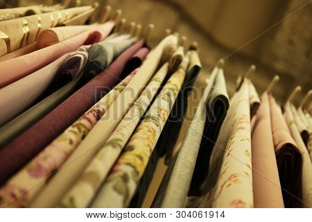 Sale! colorful fabrics in the store, close up