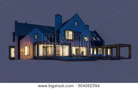 3D Rendering Of Modern Clinker House On The Ponds With Pool In Night Isolated On Gray