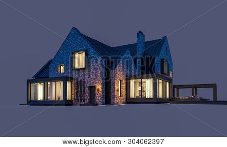 3D Rendering Of Modern Clinker House On The Ponds With Pool In Night Isolated On Gray