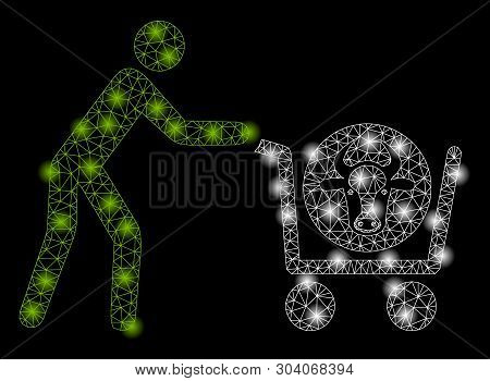 Bright Mesh Beef Purchase With Glare Effect. Abstract Illuminated Model Of Beef Purchase Icon. Shiny