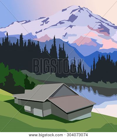 Living In Countryside Near Lake And Mountains. Print. Picturesque Cartoon Landscape In Minimalism. B