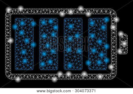 Bright Mesh Battery With Lightspot Effect. Abstract Illuminated Model Of Battery Icon. Shiny Wire Fr