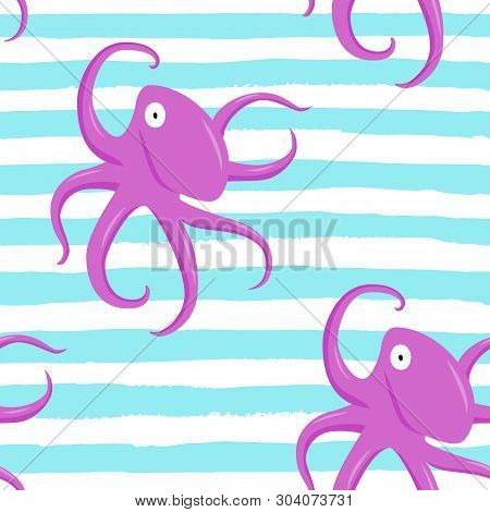 Seamless Pattern Purple Octopus Animal Flat Character With Abstract Cyan Spot On White Background. C
