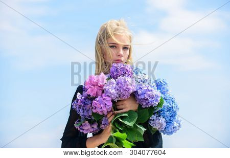 Girl Tender Blonde Hold Hydrangea Bouquet. Springtime Bloom. Pollen Allergy. Female Adore Flowers. S