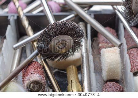 Closeup Of Different Rotary Tool Nozzles Abrasive, Polish, Grinding, Cutting For High Speed Rpm Mini