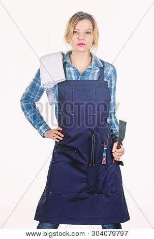 Picnic And Barbecue. Cooking Meat In Park. Barbecue Master. Grilling Food. Woman Checkered Shirt And