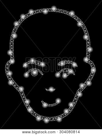 Bright Mesh Bald Head With Glare Effect. Abstract Illuminated Model Of Bald Head Icon. Shiny Wire Ca
