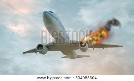 Commercial Airplane With Engine On Fire, Concept Of Aerial Disaster. 3d Illustration.
