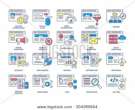 Seo And Digital Marketing Color Line Icons Set.
