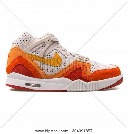 Vienna, Austria - August 10, 2017: Nike Air Tech Challenge 2 Qs White, Orange And Red Sneaker On Whi