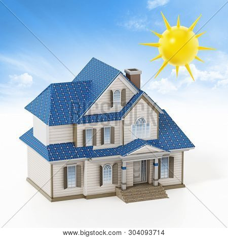 Luxury House Covered With Solar Panels Colllecting Sunbeam. 3d Illustration.