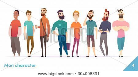 People Character Design Collection. Modern Cartoon Flat Style. Males Or Manegers Stand Together. You