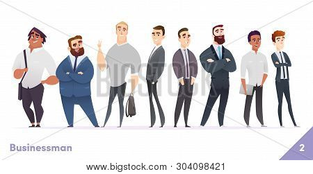 Businessman Or People Character Design Collection. Modern Cartoon Flat Style. Males Or Manegers Stan