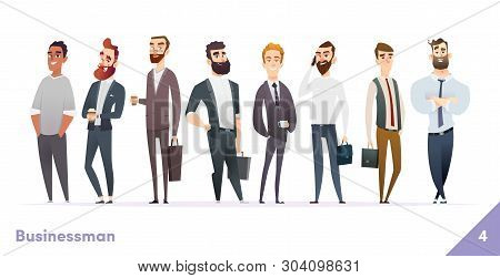 Businessman Or People Character Design Collection. Modern Cartoon Flat Style. Males Or Manegers Stan