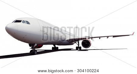 Commercial jetplane isolated on white background, single object separated from background
