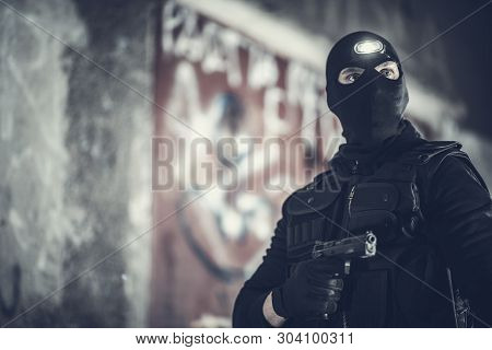Counter Terrorist Portrait. Men Wearing Mask And Tactical West. Special Forces Soldier.