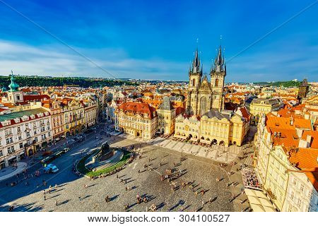 Buildings On The Old Town Square Staromestska Namesti With Tyn Church In Prague, Czech Republic Duri