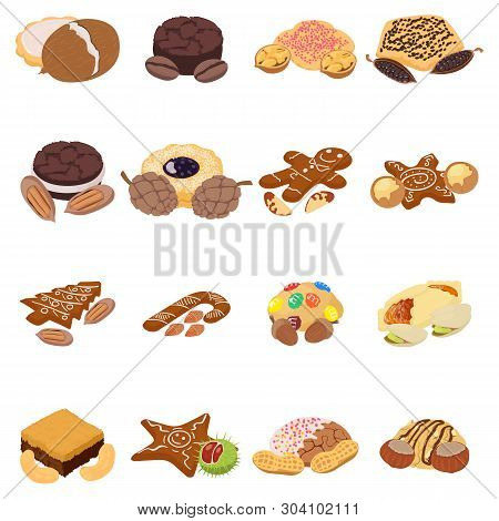 Nut Cookie Icons Set. Isometric Set Of 16 Nut Cookie Vector Icons For Web Isolated On White Backgrou