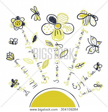Summer Background. Hand-drawn Flowers With Bee, Dragonfly, Butterfly. Design For Card, Posters, T-sh
