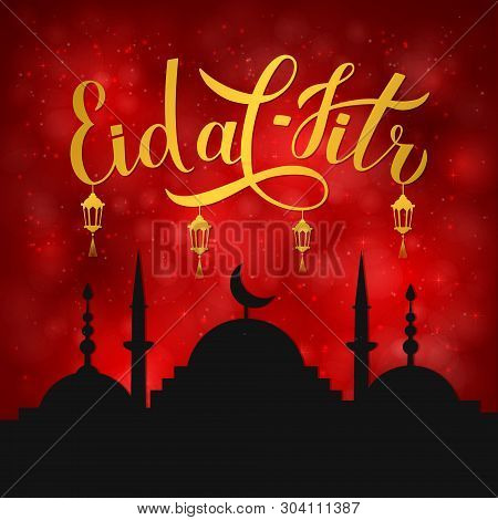 Eid Al-fitr Calligraphy Lettering And Silhouette Of Mosque On Red Background. Muslim Holiday Banner.