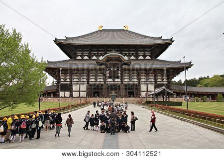 Nara, Japan - April 26, 2012: School Tour Visits Todaiji Temple In Nara, Japan. Nara Is A Former Cap
